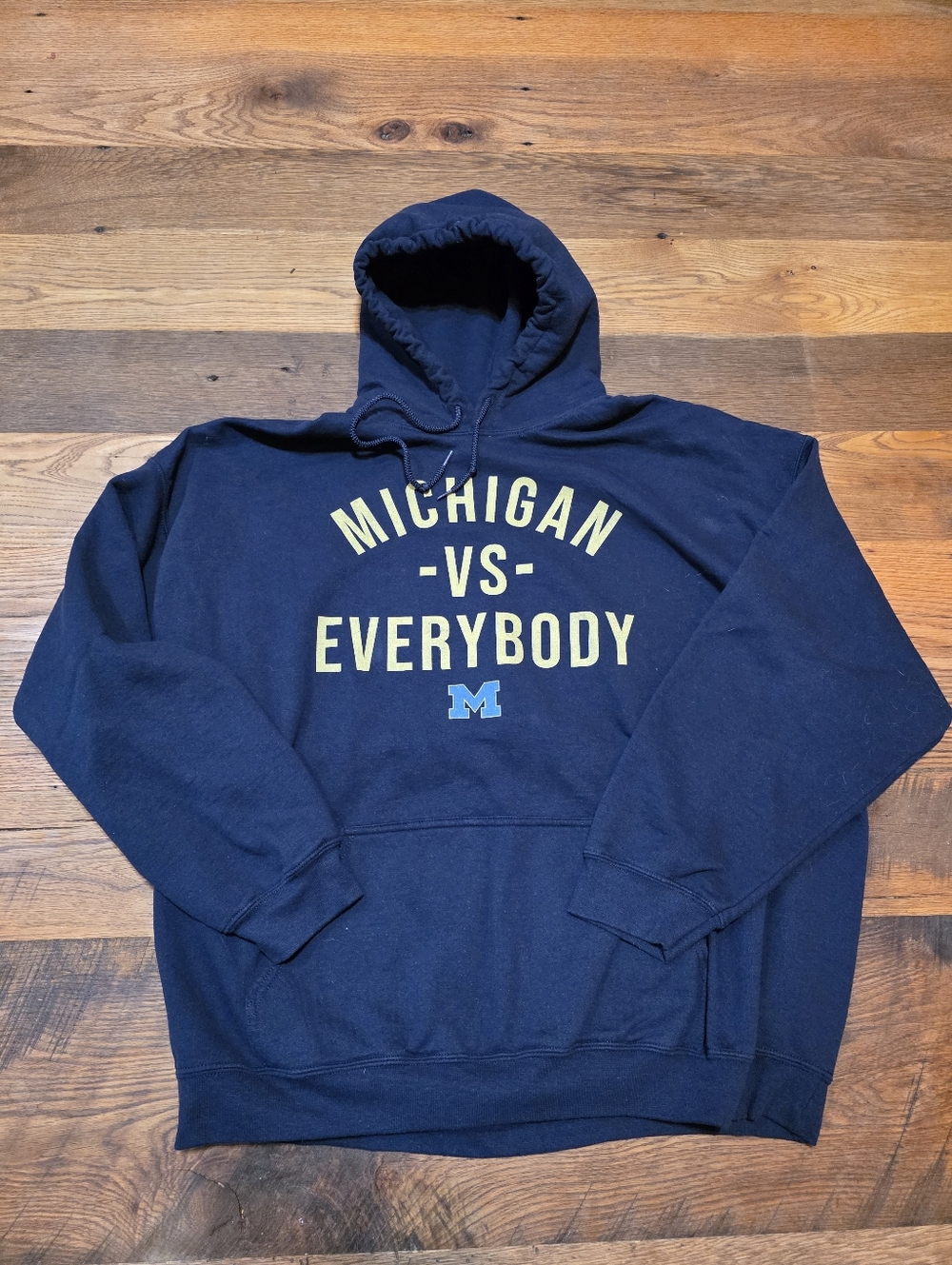 Gildan Navy Men's Hoodie with Yellow 'Michigan vs Everybody' and Blue Men 3XL